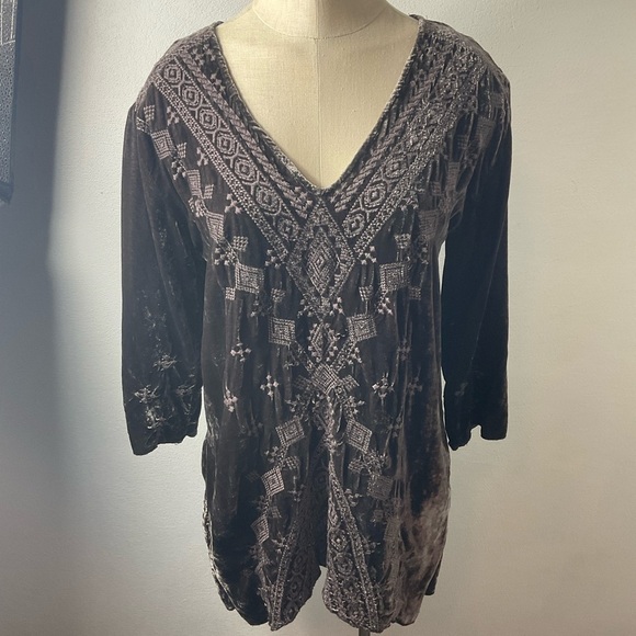 JOHNNY Was Shobah 3/4 Sleeve Embroidered Velvet Tunic Sz XS - Picture 2 of 7
